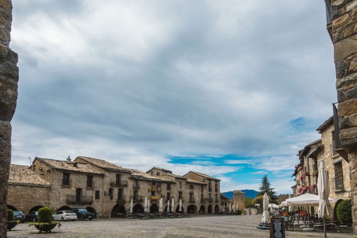 main square of Ainsa surrounded by stone houses